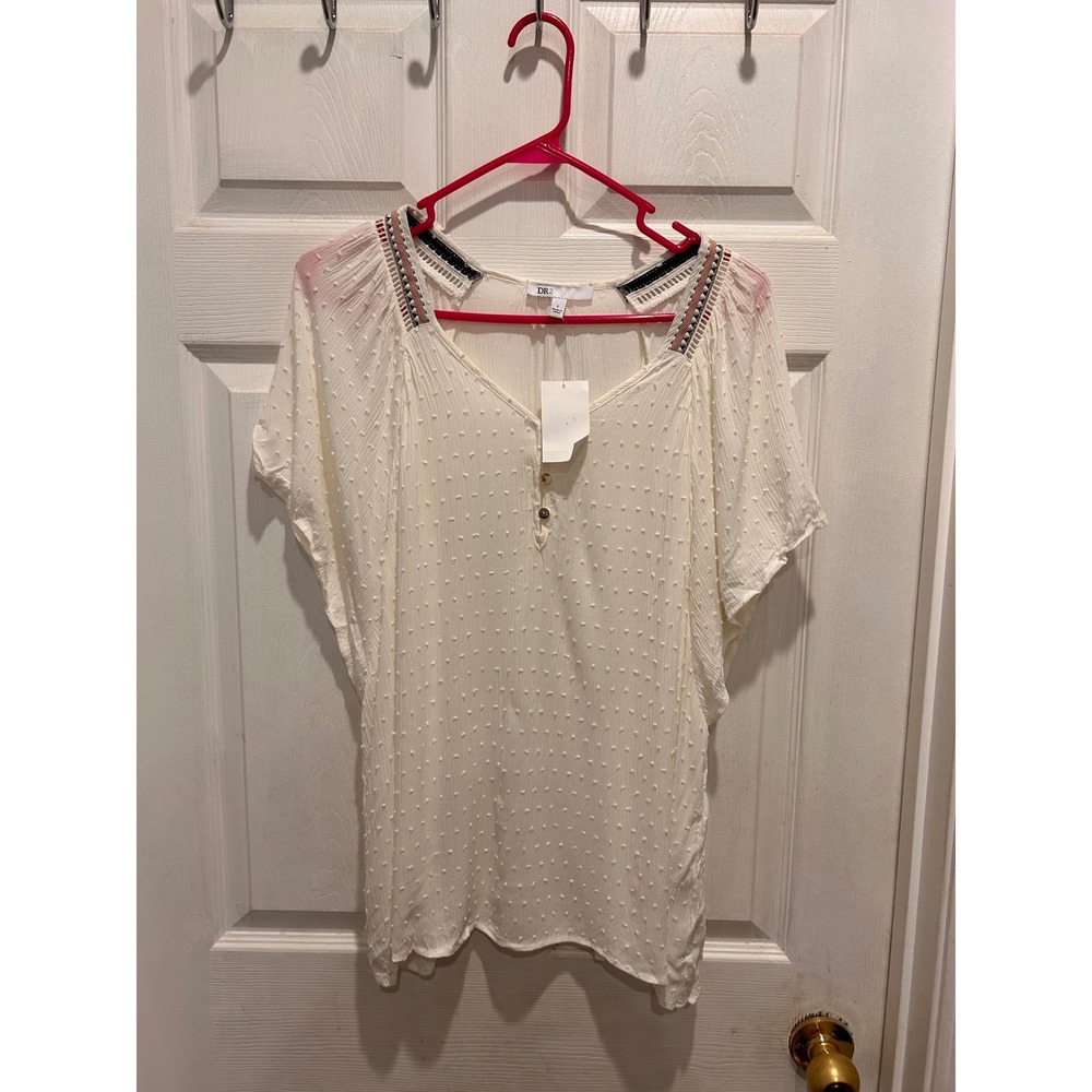 NWT‎ DR2 by Daniel Rainn Ivory Swiss Dot Henley Blouse Embroidered Trim Womens L